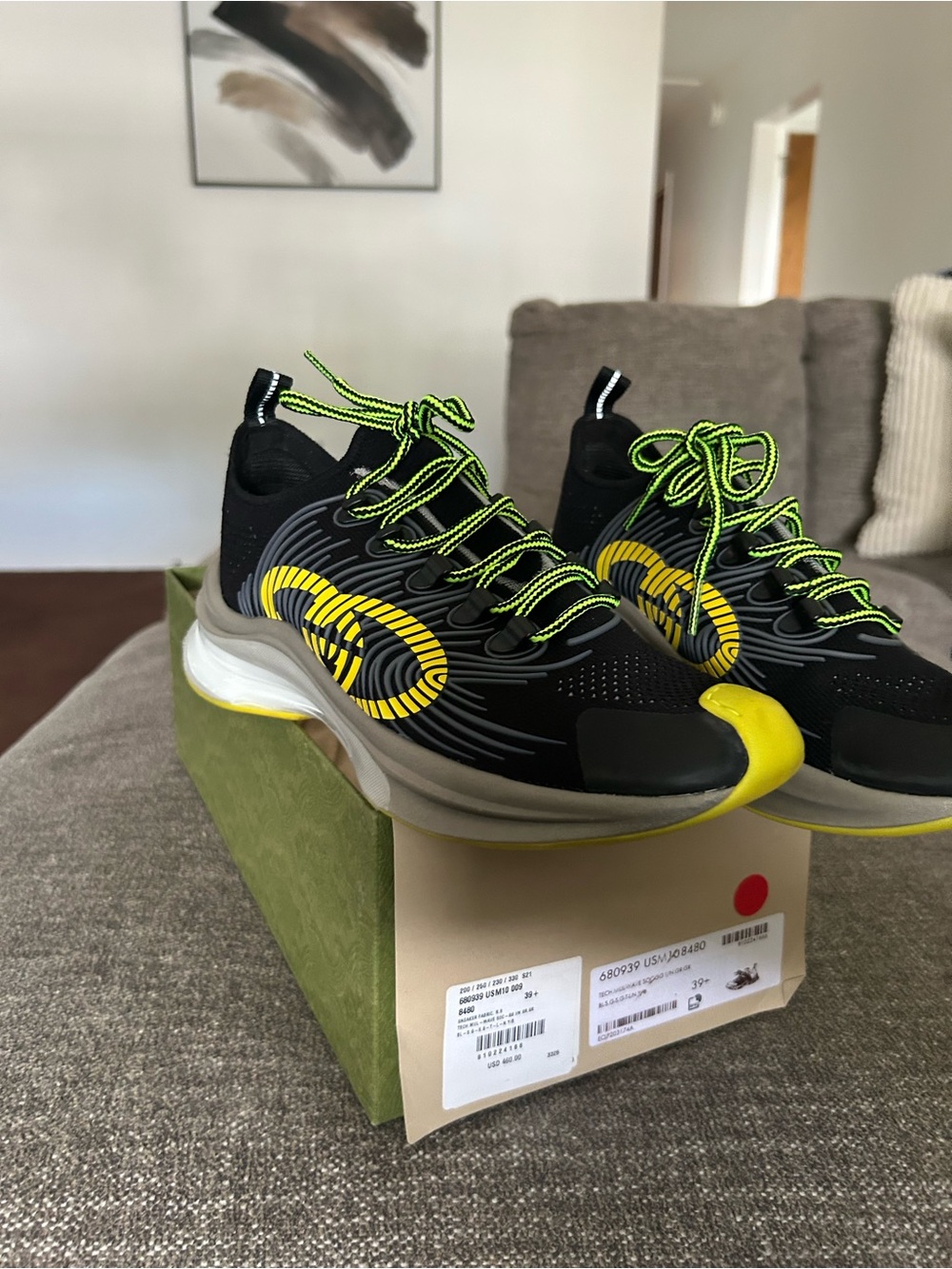 Gucci Black Sneakers with Yellow Accents and Neon Green Laces - Picture 2 of 3